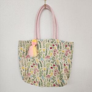 Floral Canvas Tote Bag with Pink Handles & tassel pom pom Boho Tote